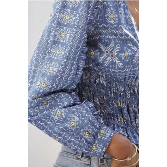 ~Anthropologie Forever That Girl S Embroidered Smocked Blouse Blue Faux Wrap Top - Picture 3 of 16
